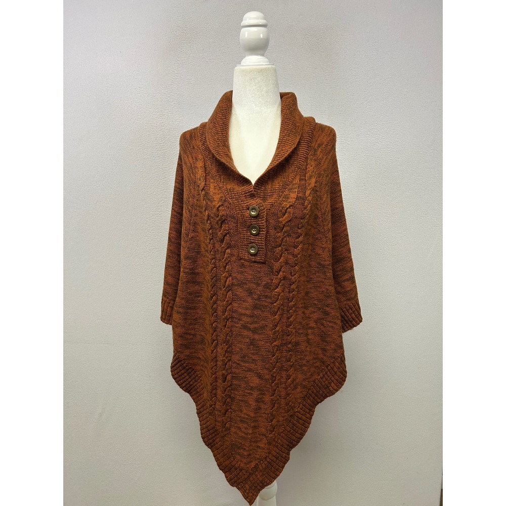 Boho Cabin Tint & Shadow Women L/XL Rust Brown Cable Knit Shawl Collar Poncho